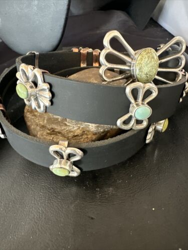 Men's Green Royston Turquoise Concho Belt | Sterling Silver Navajo Tufa | Authentic Native American Handmade | 16789