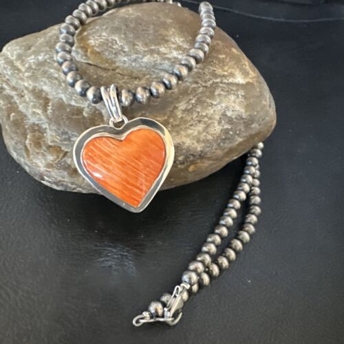 Navajo Orange Heart Spiny Oyster Pendant | Sterling Silver Necklace | Authentic Native American Handmade | 15014