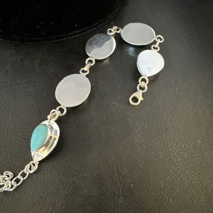 Navajo Blue Turquoise Link Bracelet | Sterling Silver | 8" | Authentic Native American Handmade | 15478