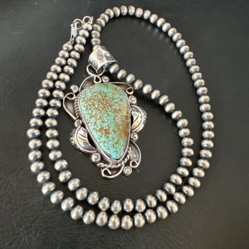 Navajo Blue Turquoise #8 Pendant | Sterling Silver Pearls Necklace | Authentic Native American Handmade | 15902