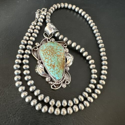 Navajo Blue Turquoise #8 Pendant | Sterling Silver Pearls Necklace | Authentic Native American Handmade | 15902