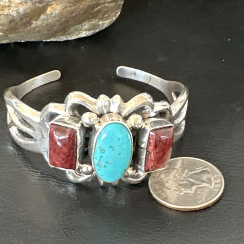 Navajo Kingman Turquoise Spiny Cuff Bracelet | Sterling Silver Tufa Cast | Authentic Native American Handmade | 16407