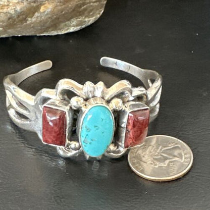 Navajo Kingman Turquoise Spiny Cuff Bracelet | Sterling Silver Tufa Cast | Authentic Native American Handmade | 16407