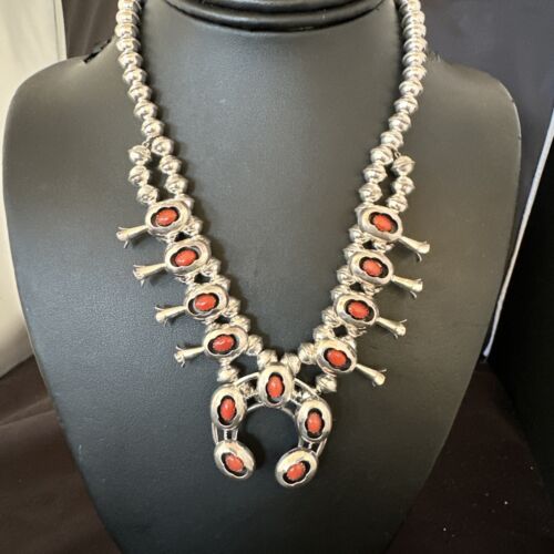 Navajo Red Coral Shadowbox Squash Blossom Necklace | Sterling Silver | 17" | Authentic Native American Handmade | 16115