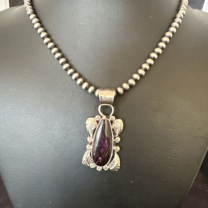 Navajo Pearls Purple Sugilite Pendant Necklace | Sterling Silver Beads | Authentic Native American Handmade | 16463
