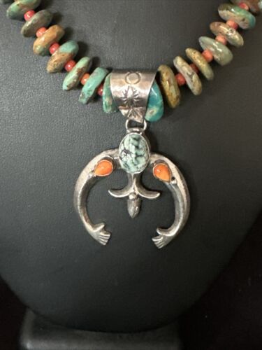 Navajo Turquoise Spiny Oyster Naja Pendant Necklace | Sterling Silver | 28" | Authentic Native American Handmade | 14846