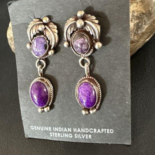 Navajo Purple Sugilite Charoite Dangle Earrings | Sterling Silver | 2" | Authentic Native American Handmade | 15258