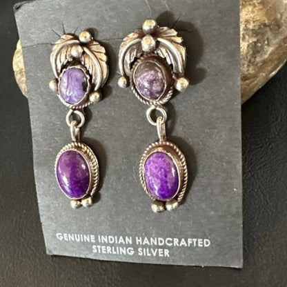 Navajo Purple Sugilite Charoite Dangle Earrings | Sterling Silver | 2" | Authentic Native American Handmade | 15258
