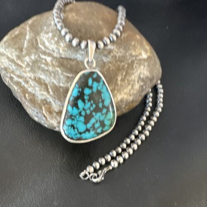 Men's Navajo Blue Spiderweb Turquoise Pendant Necklace | Sterling Silver | Authentic Native American Handmade | 16218