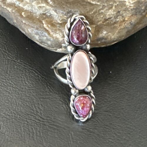 Navajo Purple Spiny Oyster & Mother of Pearl Cluster Ring | Authentic Native American Sterling Silver | Multi-Stone | Sz 7 | 17646