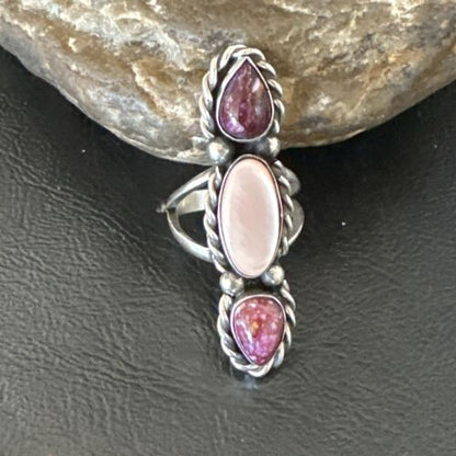 Navajo Purple Spiny Oyster & Mother of Pearl Cluster Ring | Authentic Native American Sterling Silver | Multi-Stone | Sz 7 | 17646