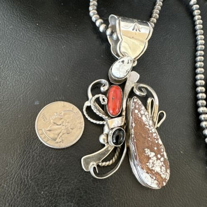 Navajo Sterling Silver Coral Wild Horse Necklace Pendant | Multi-Stone | Authentic Native American Handmade | 15946