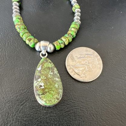 Navajo Green Turquoise Pendant Necklace | Sterling Silver Pearls | Authentic Native American Handmade | 16234
