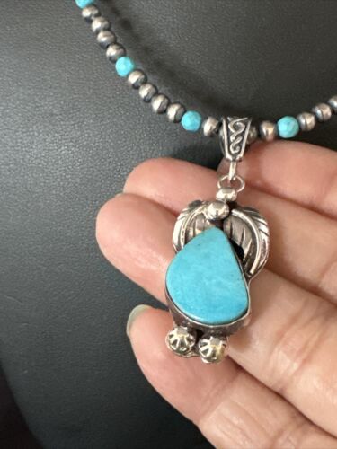 Navajo Pearls Kingman Turquoise Pendant Necklace | Sterling Silver | Authentic Native American Handmade | 14890