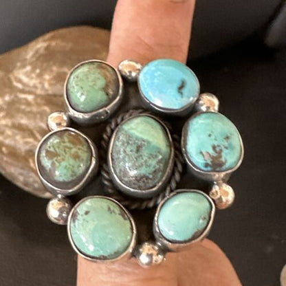 Navajo Blue Turquoise Cluster Ring | Authentic Native American Sterling Silver | Multi-Stone | Sz 9 | 17645