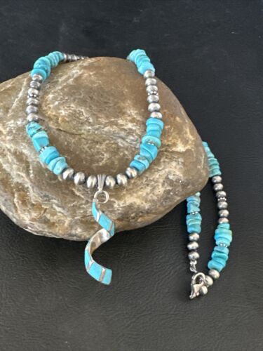 Navajo Kingman Turquoise Pendant Necklace | Sterling Silver | Native American Handmade | 14829