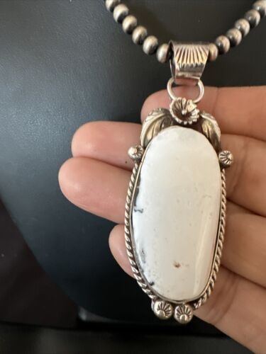 Navajo White Buffalo Turquoise Pendant Necklace | Sterling Silver | Authentic Native American Handmade | 15616