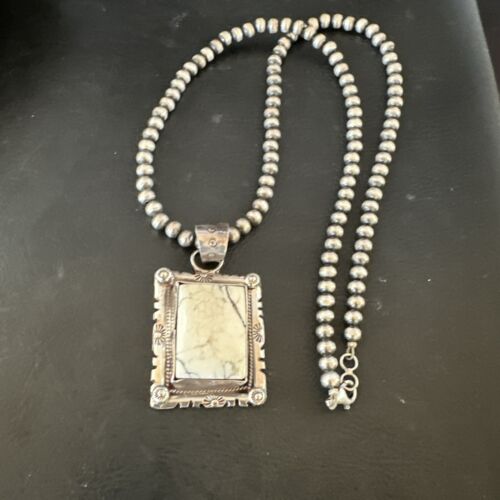 White Buffalo Turquoise Pendant | Navajo Pearls Sterling Silver Necklace | Authentic Native American Handmade | 17102