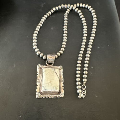 White Buffalo Turquoise Pendant | Navajo Pearls Sterling Silver Necklace | Authentic Native American Handmade | 17102