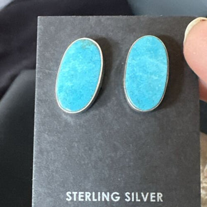 Navajo Blue Kingman Turquoise Post Stud Earrings | Sterling Silver | Authentic Native American Handmade | 17411