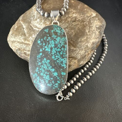 Navajo Blue Spiderweb Turquoise Pendant Necklace | Sterling Silver Pearls | Authentic Native American Handmade | 15568