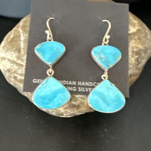 Navajo Blue Kingman Turquoise Dangle Earrings | Sterling Silver | Authentic Native American Handmade | 15101