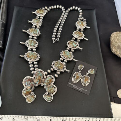 Navajo Blue Turquoise #8 Squash Blossom Necklace with Naja Earrings | Sterling Silver | 17204 - Masha USA