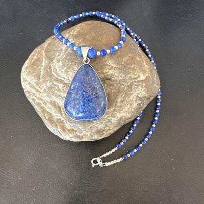 Navajo Blue Denim Lapis Pendant Necklace | Sterling Silver Pearls | 22" | Authentic Native American Handmade | 16579