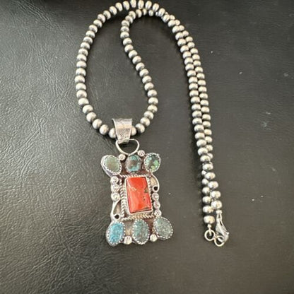 Navajo Turquoise Coral Cluster Pendant Necklace | Sterling Silver | Native American Handmade | 17185
