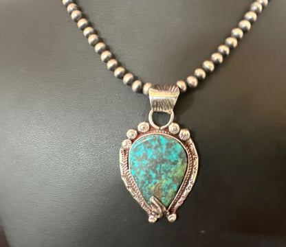 Navajo Blue Turquoise Pendant Necklace | Sterling Silver Pearls | Authentic Native American Handmade | 15761