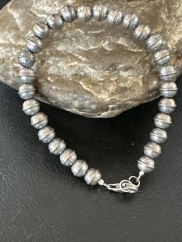 Handmade Stamped Navajo Pearls Bracelet | 6mm Beads | 8" Sterling Silver | Authentic Native American | 17447