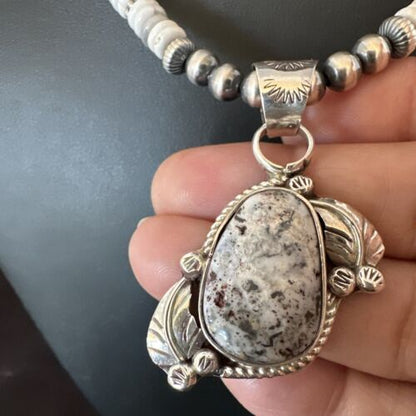 Navajo White Buffalo Turquoise Pendant Necklace | Sterling Silver | Authentic Native American Handmade | 17336