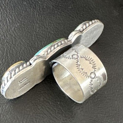 Navajo Green Sonoran Gold Turquoise Multi-Stone Ring | Authentic Native American Sterling Silver | Sz 8 | 16289
