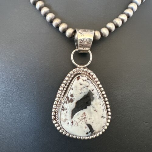 Navajo White Buffalo Turquoise Pendant | Sterling Silver Pearls Necklace | Authentic Native American Handmade | 17107