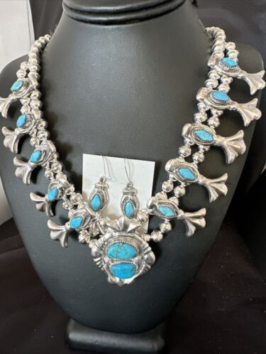 Kingman Turquoise Navajo Squash Blossom Necklace & Earrings | Sterling Silver | Native American Handmade | 16543