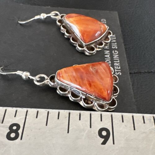 Navajo Orange Spiny Oyster Dangle Earrings | Sterling Silver | Authentic Native American Handmade | 17265
