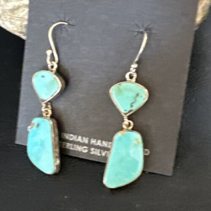 Navajo Blue Kingman Turquoise Dangle Earrings | Sterling Silver | Authentic Native American Handmade | 15118