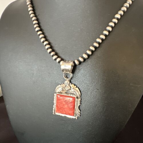 Navajo Red Spiny Oyster Pendant Necklace | Sterling Silver | Authentic Native American Handmade | 16148