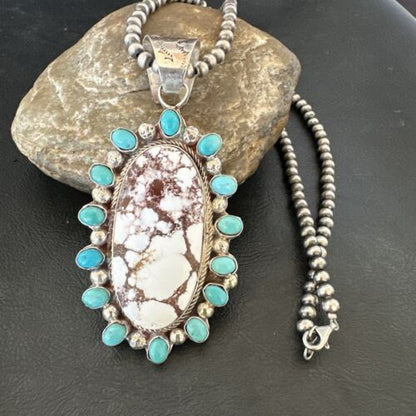 Navajo Wild Horse Turquoise Pendant | Sterling Silver | Native American Handmade | 17147