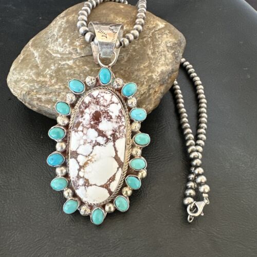 Navajo Wild Horse Turquoise Pendant | Sterling Silver | Native American Handmade | 17147