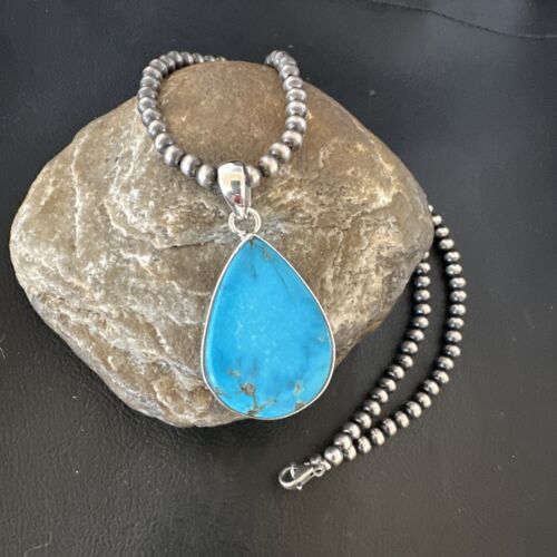 Navajo Blue Kingman Turquoise Pendant Necklace | Sterling Silver | 20" | Authentic Native American Handmade | 16725