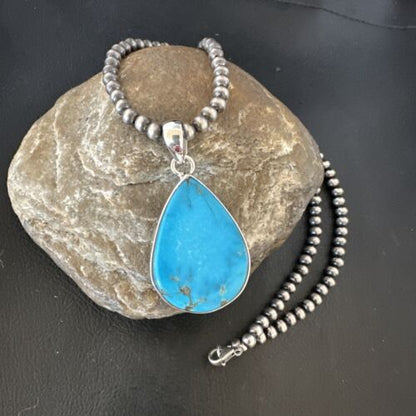 Navajo Blue Kingman Turquoise Pendant Necklace | Sterling Silver | 20" | Authentic Native American Handmade | 16725