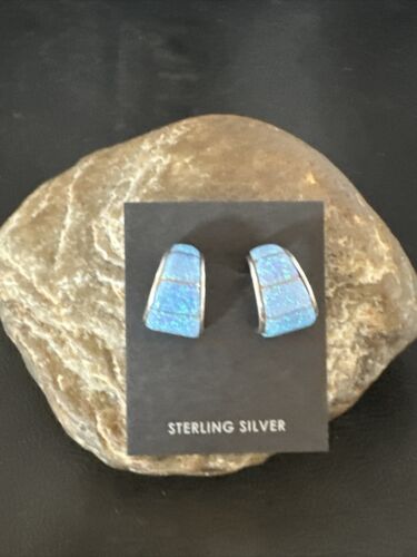 Navajo Blue Opal Inlay Post Earrings | Sterling Silver | Authentic Native American Handmade | 16949