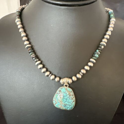 Men's Navajo Blue Spiderweb Turquoise Pendant Necklace | Sterling Silver | Authentic Native American Handmade | 16241
