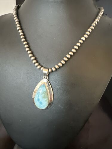 Navajo Blue Larimar Pendant Necklace | Sterling Silver Beads | Authentic Native American Handmade | 17565