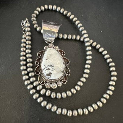 Men's White Buffalo Turquoise Pendant | Navajo Pearl Sterling Silver Necklace 21" | Handmade Jewelry | 17044