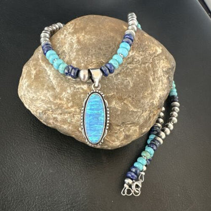 Navajo Opal Inlay Pendant with Turquoise Lapis Pearls | Sterling Silver Necklace | Authentic Native American Handmade | 16846