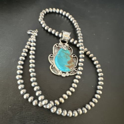 Men's Blue Kingman Turquoise Pendant Necklace | Navajo Pearls | Sterling Silver | 16022
