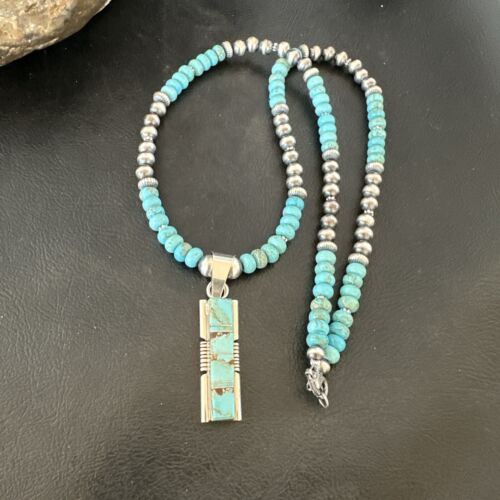 Men's & Women's Turquoise #8 Inlay Pendant Necklace | Navajo Sterling Silver | Authentic Native American Handmade | 17056
