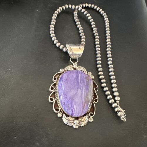 Navajo Purple Charoite Pendant with Pearls | Sterling Silver Necklace | Authentic Native American Handmade | 16654